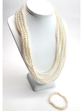 Off-White Cream Pearl Endless Necklace Lariat Strand 50" + Bracelet DH491